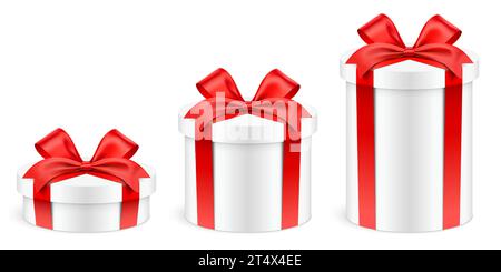 Weiße Geschenkschachteln mit roter Bänder in unterschiedlicher Höhe, isoliert auf dem Hintergrund. Große, niedrige und normale Größe realistische zylindrische Geschenkbox Set, Vektorillustration. Stock Vektor
