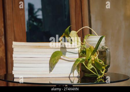 Stapel Bücher auf Glastisch auf dem Balkon des Hauses. Bildungs- und Wissenskonzept. Ein Haufen Bücher zum Lesen Stockfoto