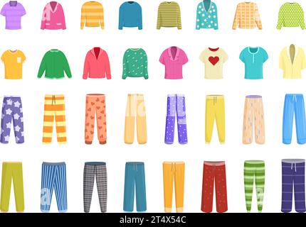 Pyjamas Icons setzen Cartoon Vektor. Bequeme Kleidung für Mädchen. Outfit Mode Frau Stock Vektor