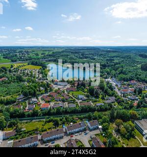 Aus der Vogelperspektive nach Buxheim, einem Dorf bei Memmingen in der Donau-Iller-Region im bayerischen Teil des oberschwabens Stockfoto
