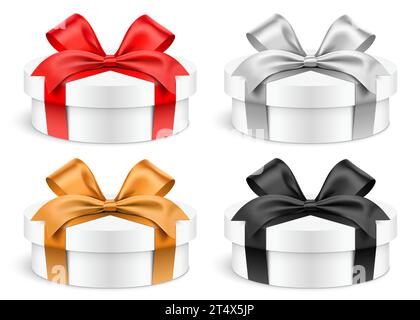 Flache runde weiße Geschenkboxen, umwickelt mit roten, silbernen, goldenen und schwarzen Bändern. Realistische zylindrische Geschenkbox Set Vektorillustration, isoliert auf weißem Hintergrund. Stock Vektor