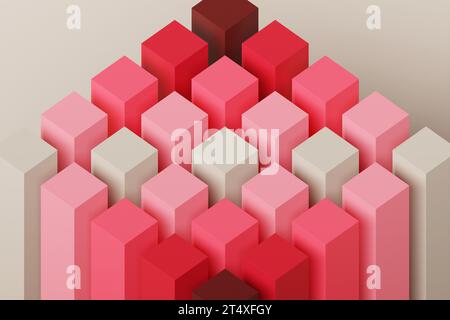 3D-Illustration eines mehrfarbigen Würfels aus vielen geometrischen Objekten mit verschiedenen Texturen und Farben auf rosa Hintergrund Stockfoto