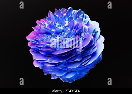 3D wellige Fluoreszenzkugel. Abstrakte Formen. Schillernde Hochglanzwellen. 3D-Abbildung. Stockfoto