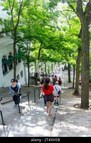 Steile Stufen von Rue Foyatier, Montmartre, Paris, Île-de-France, Frankreich Stockfoto