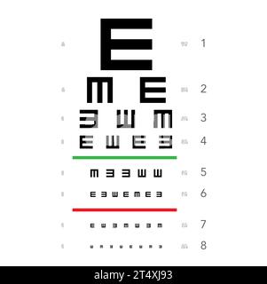 E-Diagramm Augentest Diagramm Tumbling medizinische Illustration. Linie Vektor Skizzenstil Umriss isoliert auf weißem Hintergrund. Augenoptometrist-Augentest zur Überprüfung optischer Brillen Stock Vektor