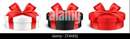 Flache runde Geschenkschachteln mit Bändern. Weiße, schwarze und rote Farbe realistische zylindrische Geschenkbox Set Vektorillustration isoliert auf weißem Hintergrund. Stock Vektor