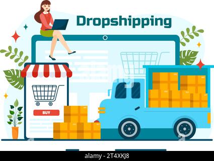 Dropshipping-Geschäft Vektor-Illustration mit Geschäftsmann Öffnen Sie E-Commerce Website Store und lassen Sie Lieferanten Produkt im flachen Cartoon-Hintergrund versenden Stock Vektor