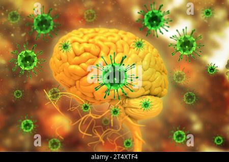 Virusinfektion am Gehirn. 3D-Abbildung Stockfoto
