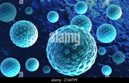 Mikroskopische Sicht auf Virus, Bakterien, zellinfizierten Organismus. 3D-Abbildung Stockfoto