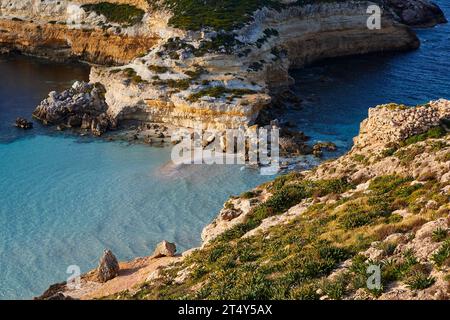 Detail, Felsen, türkisfarbenes Meer, bewachsene Klippen, Isola dei Conigli, Spiaggia dei Conigli, Riserva Naturale Orientata Isola di Lampedusa, Lampedusa Stockfoto