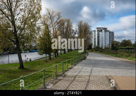 Anderlecht, Region Brüssel-Hauptstadt, Belgien - 28. Oktober 2023 - Radweg und Bäume am Ufer des Kanals Stockfoto