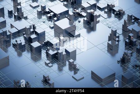 Platine mit Metallwürfeln, 3D-Rendering. 3D-Abbildung. Stockfoto