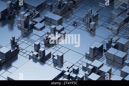 Platine mit Metallwürfeln, 3D-Rendering. 3D-Abbildung. Stockfoto