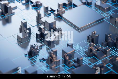 Platine mit Metallwürfeln, 3D-Rendering. 3D-Abbildung. Stockfoto