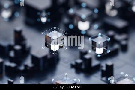 Platine mit Metallwürfeln, 3D-Rendering. 3D-Abbildung. Stockfoto