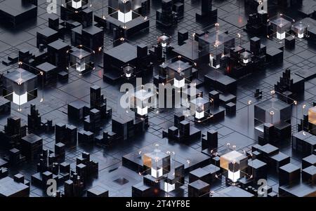 Platine mit Metallwürfeln, 3D-Rendering. 3D-Abbildung. Stockfoto