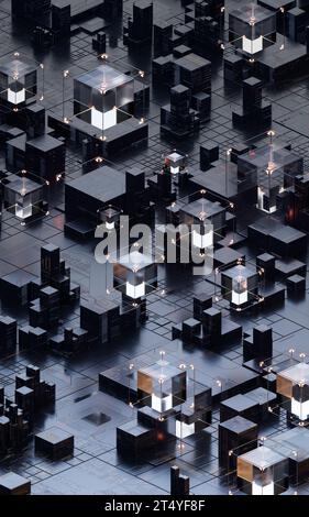 Platine mit Metallwürfeln, 3D-Rendering. 3D-Abbildung. Stockfoto