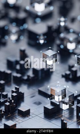 Platine mit Metallwürfeln, 3D-Rendering. 3D-Abbildung. Stockfoto