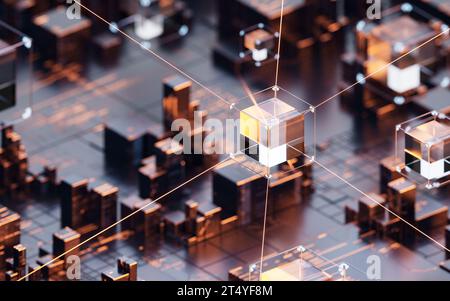 Platine mit Metallwürfeln, 3D-Rendering. 3D-Abbildung. Stockfoto