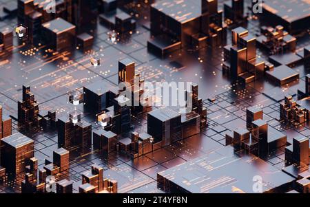 Platine mit Metallwürfeln, 3D-Rendering. 3D-Abbildung. Stockfoto