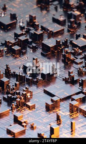 Platine mit Metallwürfeln, 3D-Rendering. 3D-Abbildung. Stockfoto