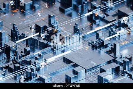 Platine mit Metallwürfeln, 3D-Rendering. 3D-Abbildung. Stockfoto