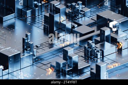 Platine mit Metallwürfeln, 3D-Rendering. 3D-Abbildung. Stockfoto