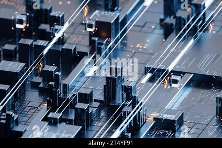 Platine mit Metallwürfeln, 3D-Rendering. 3D-Abbildung. Stockfoto