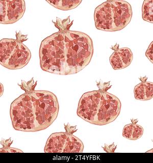 Nahtloses Aquarellmuster mit Granatapfel, botanische Zeichnung von reifem Granatapfel in Aquarellfarbe. Aquarelldruck, Granatapfelscheibe, geschnittener Granatapfel Stockfoto