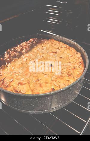 Hausgemachte Kuchen. Goldener Apfelkuchen mit Mandeln im Ofen Stockfoto