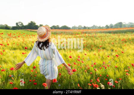 Sonnenaufgang in einem schönen Weizen- und Mohnfeld. Ein glückliches Mädchen mit Strohhut und weißem gestreiftem Kleid steht mitten auf einem Feld, die Sonne scheint herein Stockfoto