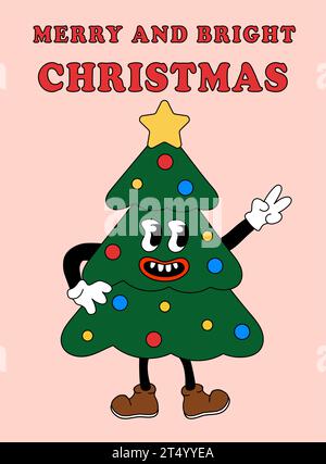 „Merry and Bright Christmas Groovy“-Karte. Weihnachtsbaum im Retro-Cartoon-Stil. Grußkarte, Vorlage, Poster, Drucke, Partyeinladungen Stock Vektor