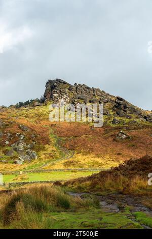 Blick auf den felsigen Gipfel der Rock Hall in den Kakerlaken, Staffordshire, England Stockfoto