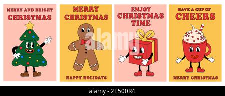 „Merry Christmas Groovy“-Kartenset. Weihnachtsbaum, Lebkuchenmann, Geschenkbox, Tasse im Retro-Cartoon-Stil. Grußkarten, Vorlage, Poster, Drucke Stock Vektor