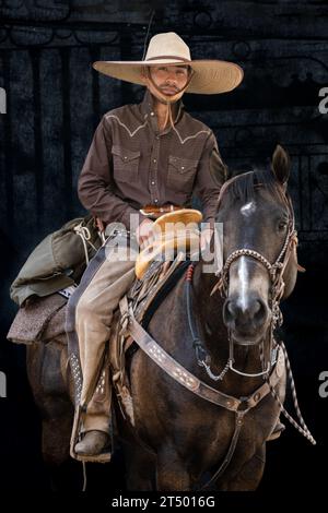 Ein mexikanischer Cowboy, der an der jährlichen viertägigen Cabalgata de Cristo Rey-Cowboy-Pilgerfahrt teilnimmt, posiert für ein Porträt zu Pferd am 5. Januar 2019 in Salamanca, Guanajuato, Mexiko. Tausende mexikanischer Cowboys und ihre Pferde nehmen an der religiösen Reise von den Dörfern der hohen Wüste zum Schrein von Cristo Rey Teil. Stockfoto