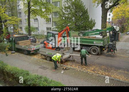 Baumpflanzarbeiten, Ausheben von Erde, Sarrazinstraße, Friedenau, Berlin, Deutschland *** Baumpflanzarbeiten, Ausgrabung von Boden, Sarrazinstraße, Friedenau, Berlin, Deutschland Stockfoto