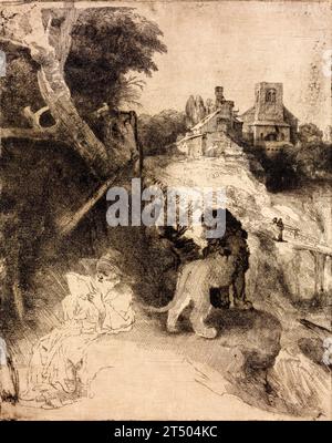 Rembrandt van Rijn, St. Jerome in einer italienischen Landschaft, Radierung, Gravur und Trockenspitze, 1653-1654 Stockfoto