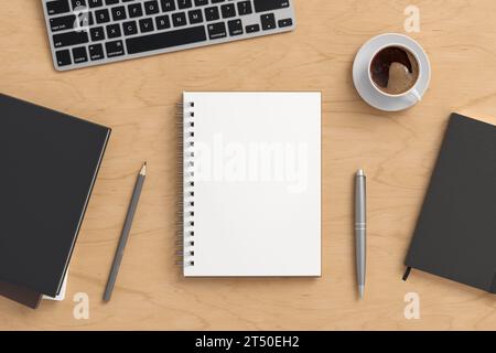 Notebook-Modell. Leeres Notebook am Arbeitsplatz. Spiral-Notizblock auf Holzschreibtisch. 3D-Abbildung Stockfoto