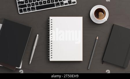 Notebook-Modell. Leeres Notebook am Arbeitsplatz. Spiral-Notizblock auf dunklem Holztisch. 3D-Abbildung Stockfoto