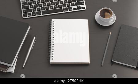 Notebook-Modell. Leeres Notebook am Arbeitsplatz. Spiral-Notizblock auf dunklem Holztisch. 3D-Abbildung Stockfoto