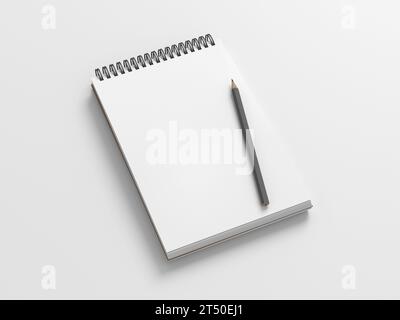 Notebook-Modell. Leeres Notizbuch und Bleistift. Spiral-Notizblock auf weißem Hintergrund. 3D-Abbildung Stockfoto