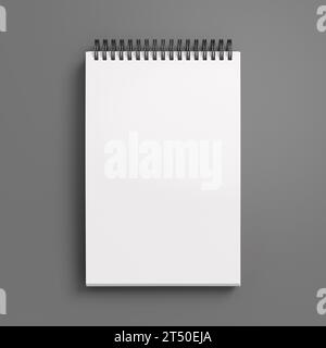 Notebook-Modell. Leeres Notebook am Arbeitsplatz. Spiralförmiger Notizblock auf grauem Hintergrund. 3D-Abbildung Stockfoto