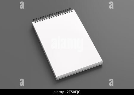 Notebook-Modell. Leeres Notebook am Arbeitsplatz. Spiralförmiger Notizblock auf grauem Hintergrund. 3D-Abbildung Stockfoto