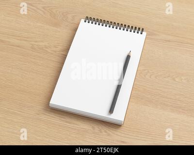 Notebook-Modell. Leeres Notizbuch und Bleistift. Spiral-Notizblock auf hölzernem Hintergrund. 3D-Abbildung Stockfoto