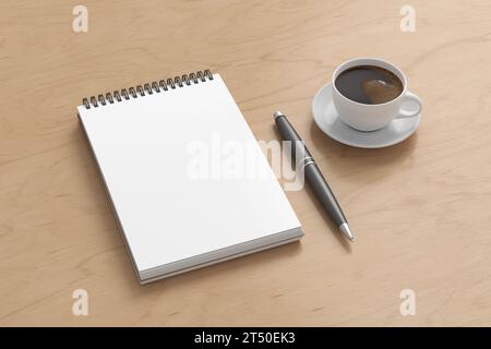 Notebook-Modell. Leeres Notebook am Arbeitsplatz. Spiral-Notizblock auf Holzschreibtisch. 3D-Abbildung Stockfoto