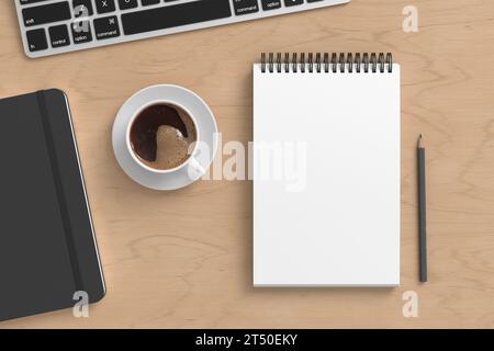 Notebook-Modell. Leeres Notebook am Arbeitsplatz. Spiral-Notizblock auf Holzschreibtisch. 3D-Abbildung Stockfoto