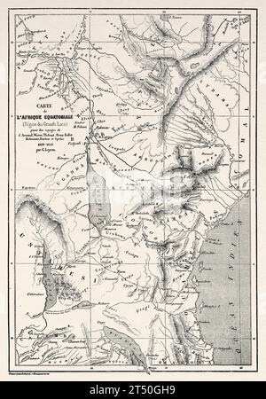 Karte der Region der Großen Seen in Äquatorialafrika. Alter Stich aus dem 19. Jahrhundert aus Le Tour du Monde 1860 Stockfoto