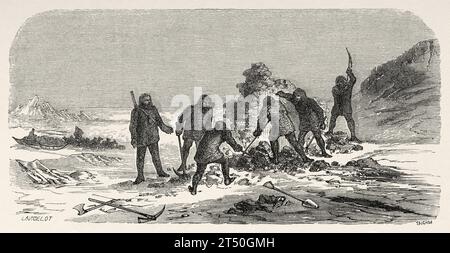 Entdeckung des Hügels, wo die Nachricht von Crozier und Fitzjames, die das Ende der Franklin-Expedition erklärte, im Mai 1859 in Back Bay, King William Island, Kanada gefunden wurde. Geschichte von Franklins verlorener Expedition in der Arktis (1786–1847) alter Stich aus dem 19. Jahrhundert aus Le Tour du Monde 1860 Stockfoto