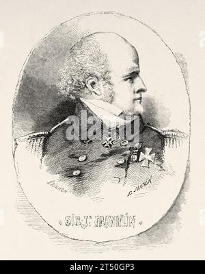 Porträt von John Franklin (1786–1847), englischer Beamter, Forscher und Schriftsteller, der auf einer Expedition auf der Suche nach der Nordwestpassage vermisst wurde. Alter Stich aus dem 19. Jahrhundert aus Le Tour du Monde 1860 Stockfoto