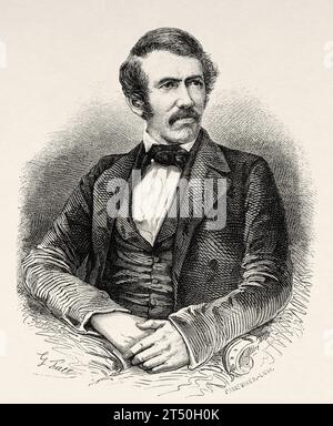 David Livingstone (1813–1873) schottischer Missionar und Entdecker, der einen prägenden Einfluss auf die Einstellung des Westens gegenüber Afrika ausübte. Alter Stich aus dem 19. Jahrhundert aus Le Tour du Monde 1860 Stockfoto